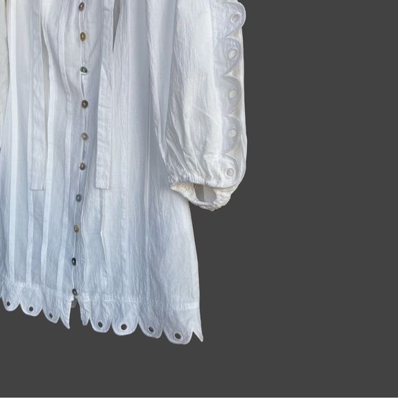 FARM RIO ANTHRO NWT White Embroidered Peter Pan Collared Long Sleeve Mini Dress - Picture 12 of 17